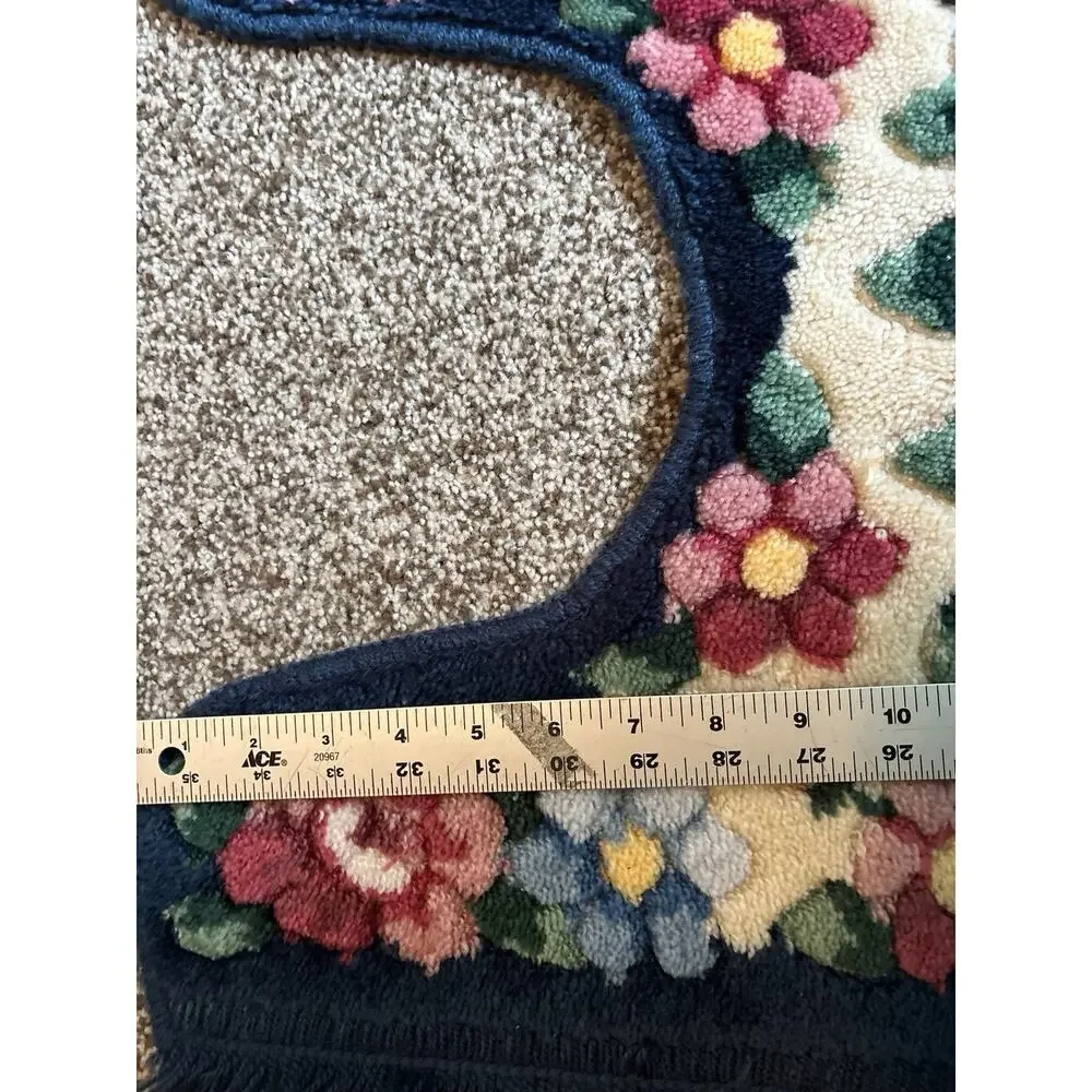 Vintage Navy Floral Contour Plush Rug Fringe Bathroom Toilet M Grannycore